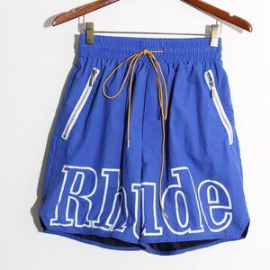 RHUDE RH Spell Out Logo Print Track Swim Shorts Trunks Blue White Size Small